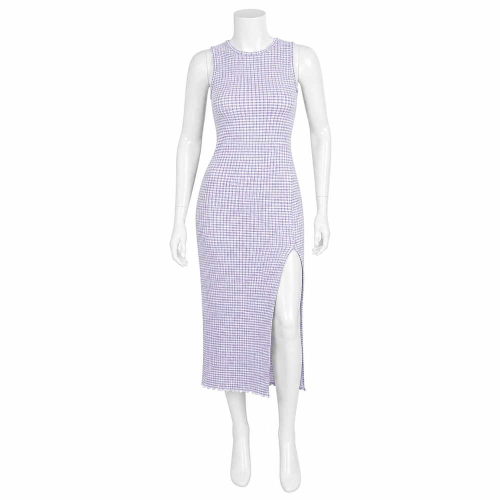 NEW Aritzia Wilfred Verona Purple Gingham Seersucker Midi Dress Women's Large